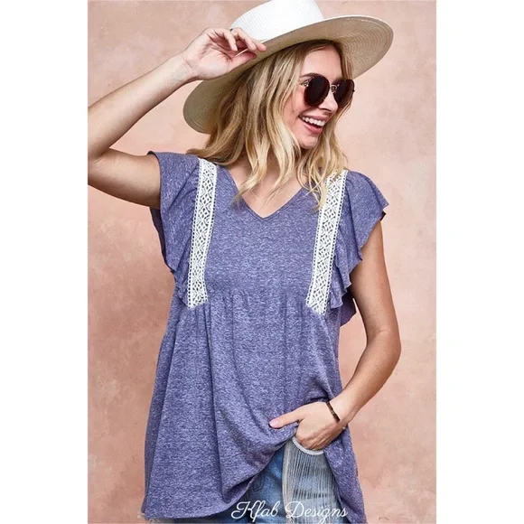 ❤️NEW! V Neck Tri Blend Soft Knit Top with Crochet Lace Detail! - Picture 7 of 10